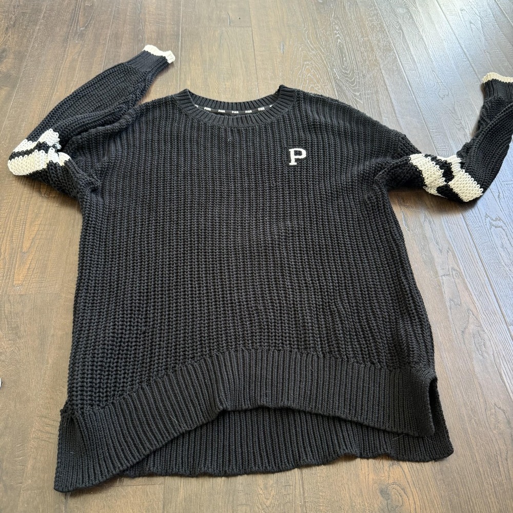 PINK Victoria's Secret Sweater Women's‎ Small Black Varsity Stripe Letter P Knit